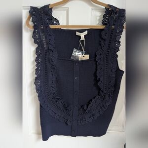 Flint & Moss Navy Blue Sleeveless Lace Faux Button Front Square Neck Top Large